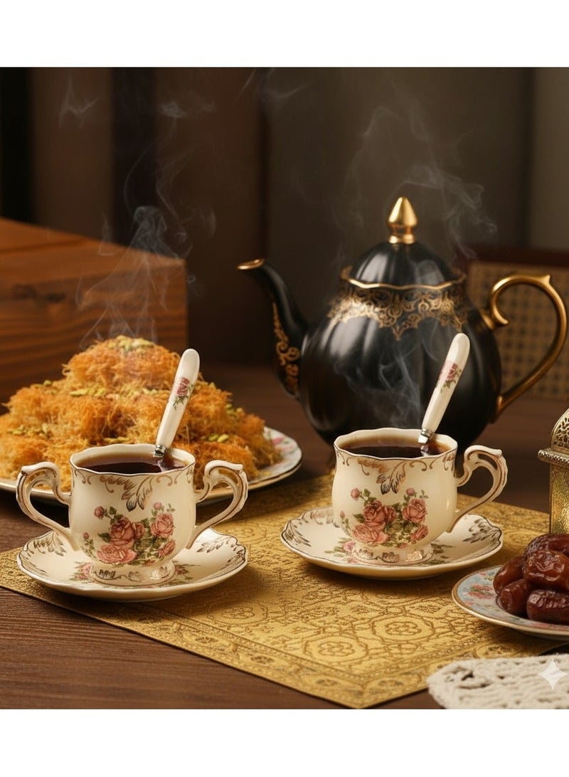 مجموعة شاي سيراميك فاخرة من نمط روز (2 كوب + 2 صحن + 2 ملعقة + 1 حامل) - للاستخدام المنزلي والضيف في شهر رمضان - Image 3